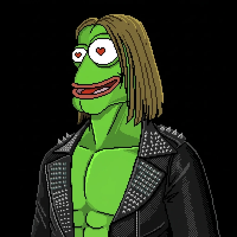 Pixel art Friggy PEP with long hair, heart eyes and a studded leather jacket